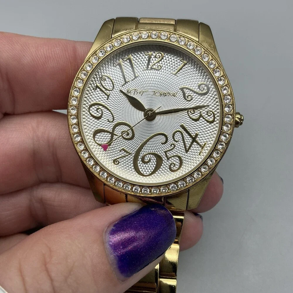 Betsey Johnson Womens Watch 39mm Silver Gold Tone Crystals New Battery 7.25
